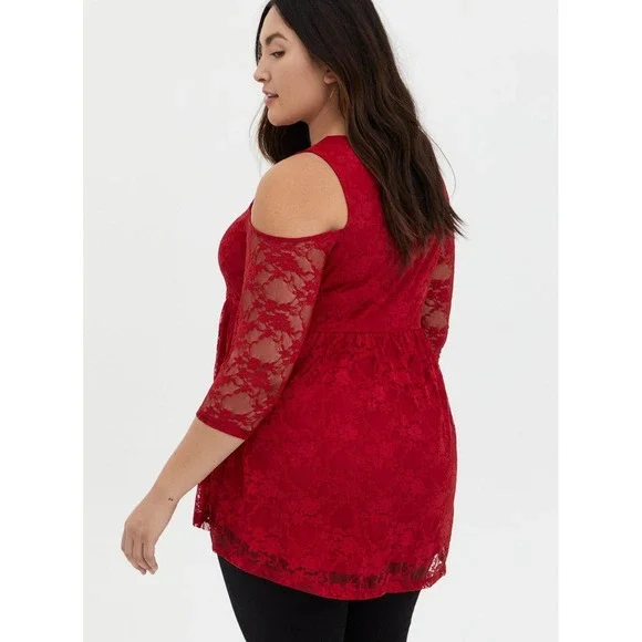 Torrid Babydoll Stretch Lace Cold Shoulder Top Biking Red Plus Size 4 4X - Picture 7 of 15